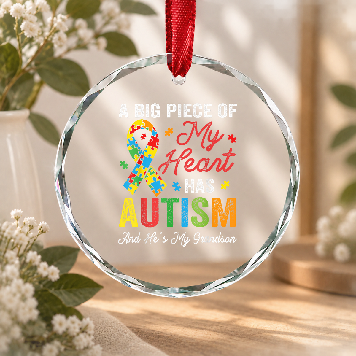 Heart Autism Awareness Ornament for Grandson Gift Glass Ornament - Material: Circle Glass Ornament