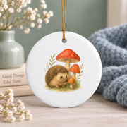 Hedgehog Mushroom Forest Nature Glass Ornament - Material: Circle Ceramic Ornament
