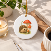 Hedgehog Mushroom Forest Nature Glass Ornament - Material: Circle Ceramic Ornament