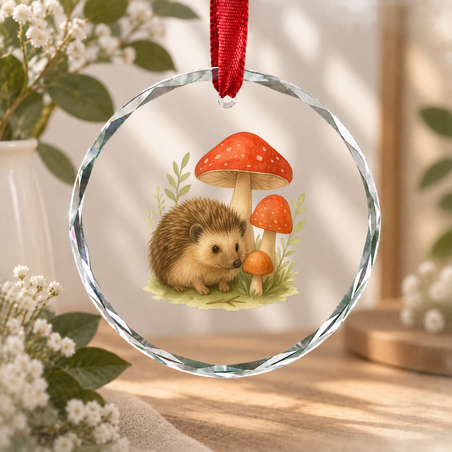 Hedgehog Mushroom Forest Nature Glass Ornament - Material: Circle Glass Ornament