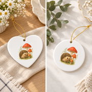 Hedgehog Mushroom Forest Nature Glass Ornament - Material: Heart Ceramic Ornament
