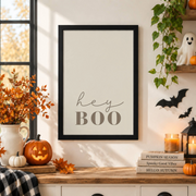 Hey Boo Halloween Print Neutral Fall Wall Art Cute Beige Seasonal Decor Poster - Format: Black Framed Poster