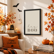 Hey Boo Halloween Print Neutral Fall Wall Art Cute Beige Seasonal Decor Poster - Format: Black Framed Poster