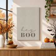 Hey Boo Halloween Print Neutral Fall Wall Art Cute Beige Seasonal Decor Poster - Format: Stretched Canvas