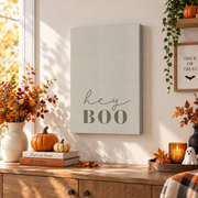 Hey Boo Halloween Print Neutral Fall Wall Art Cute Beige Seasonal Decor Poster - Format: Stretched Canvas