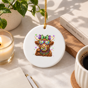 Highland Cow Coquette Bow Cute Farm Gift Glass Ornament - Material: Circle Ceramic Ornament