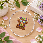 Highland Cow Coquette Bow Cute Farm Gift Glass Ornament - Material: Circle Glass Ornament