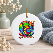 Hippie Frog Peace Sign Tie Dye Style Glass Ornament - Material: Circle Ceramic Ornament
