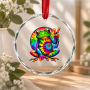 Hippie Frog Peace Sign Tie Dye Style Glass Ornament - Material: Circle Glass Ornament