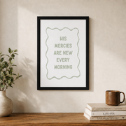 His Mercies Are New Christian Wall Art Bible Verse Coastal Granddaughter Green Minimalist Faith Poster - Format: Black Framed Poster