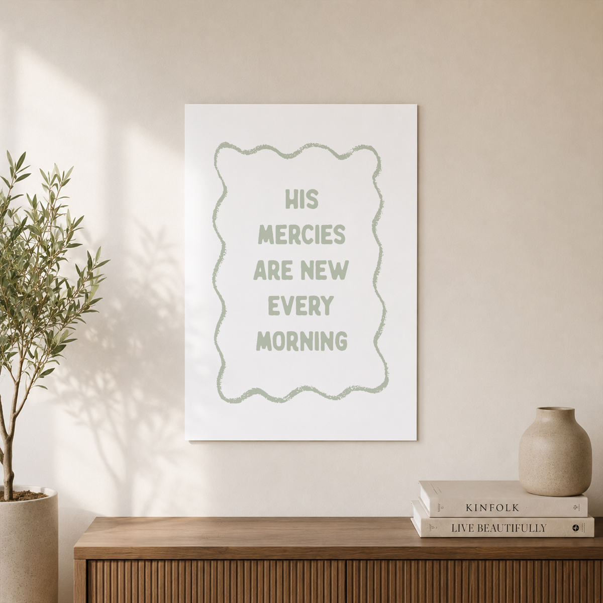His Mercies Are New Christian Wall Art Bible Verse Coastal Granddaughter Green Minimalist Faith Poster - Format: Unframed Paper Poster