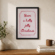 Holly Jolly Christmas Wall Art Whimsical Holiday Poster Retro Pink Stripe Winter Decor Unframed - Format: Black Framed Poster