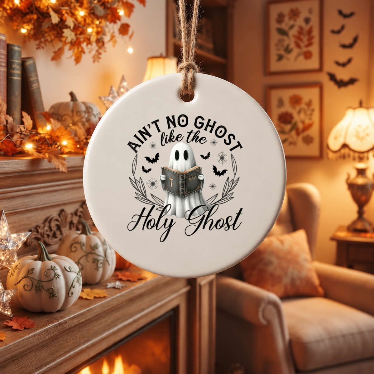 Holy Ghost Reading Ornament with Christian Faith Inspired Design Glass Ornament - Material: Circle Ceramic Ornament