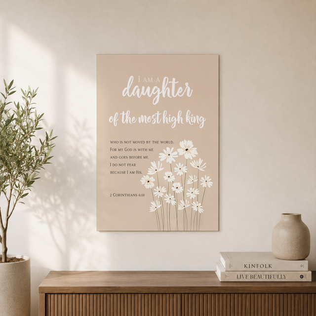 I Am A Daughter Of The King Bible Verse Wall Art, 2 Corinthians 6:18 Modern Christian Scripture Quote Daisy Girl Nursery Artwork Wall Art, Modern Wall Decor, 8x12 UNFRAMED - Format: Unframed Paper Poster