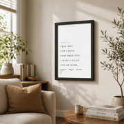 Isaiah 43:1 Redeemed Christian Wall Art, Minimal Scripture Nursery Poster - Format: Black Framed Poster