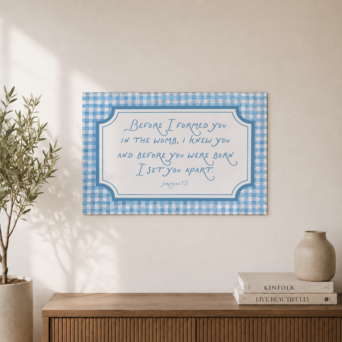 Jeremiah 1:5 Blue Gingham Christian Nursery Wall Art Poster - Format: Unframed Paper Poster