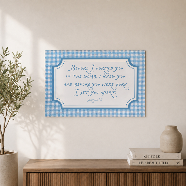 Jeremiah 1:5 Blue Gingham Christian Nursery Wall Art Poster - Format: Unframed Paper Poster