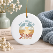 Jesus And Cat Faith Christian Glass Ornament - Material: Circle Ceramic Ornament