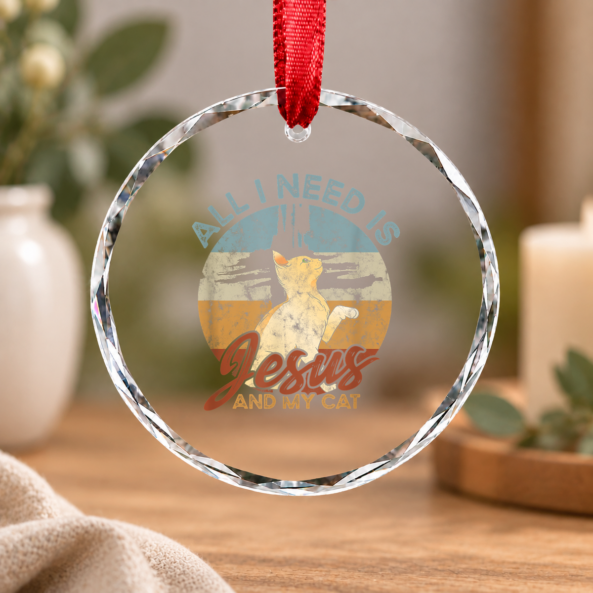 Jesus And Cat Faith Christian Glass Ornament - Material: Circle Glass Ornament