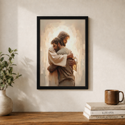 Jesus Hugging Man Christian Wall Art, Sacred Bond Scripture Poster - Format: Black Framed Poster