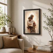 Jesus Hugging Man Christian Wall Art, Sacred Bond Scripture Poster - Format: Black Framed Poster
