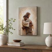 Jesus Hugging Man Christian Wall Art, Sacred Bond Scripture Poster - Format: Stretched Canvas