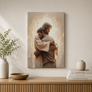 Jesus Hugging Man Christian Wall Art, Sacred Bond Scripture Poster - Format: Stretched Canvas