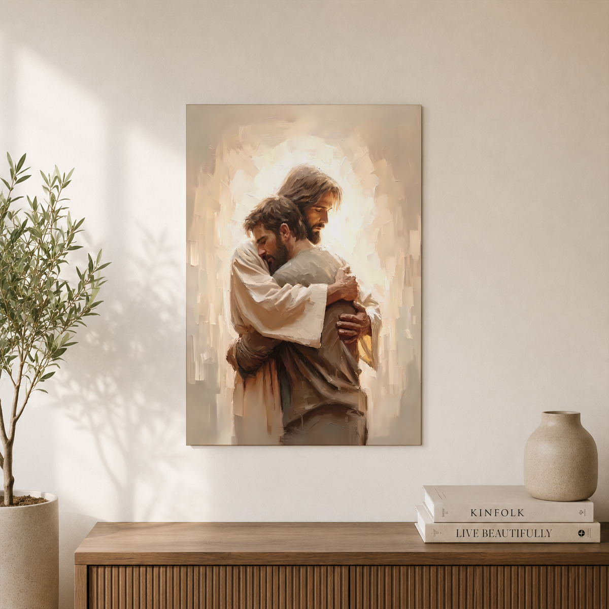Jesus Hugging Man Christian Wall Art, Sacred Bond Scripture Poster - Format: Unframed Paper Poster