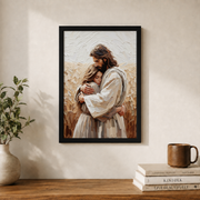 Jesus Hugging Woman Christian Wall Art, Love and Faith Scripture Poster - Format: Black Framed Poster