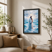 Jesus Miracle Christian Wall Art, Walking On Water Faith Poster - Format: Black Framed Poster