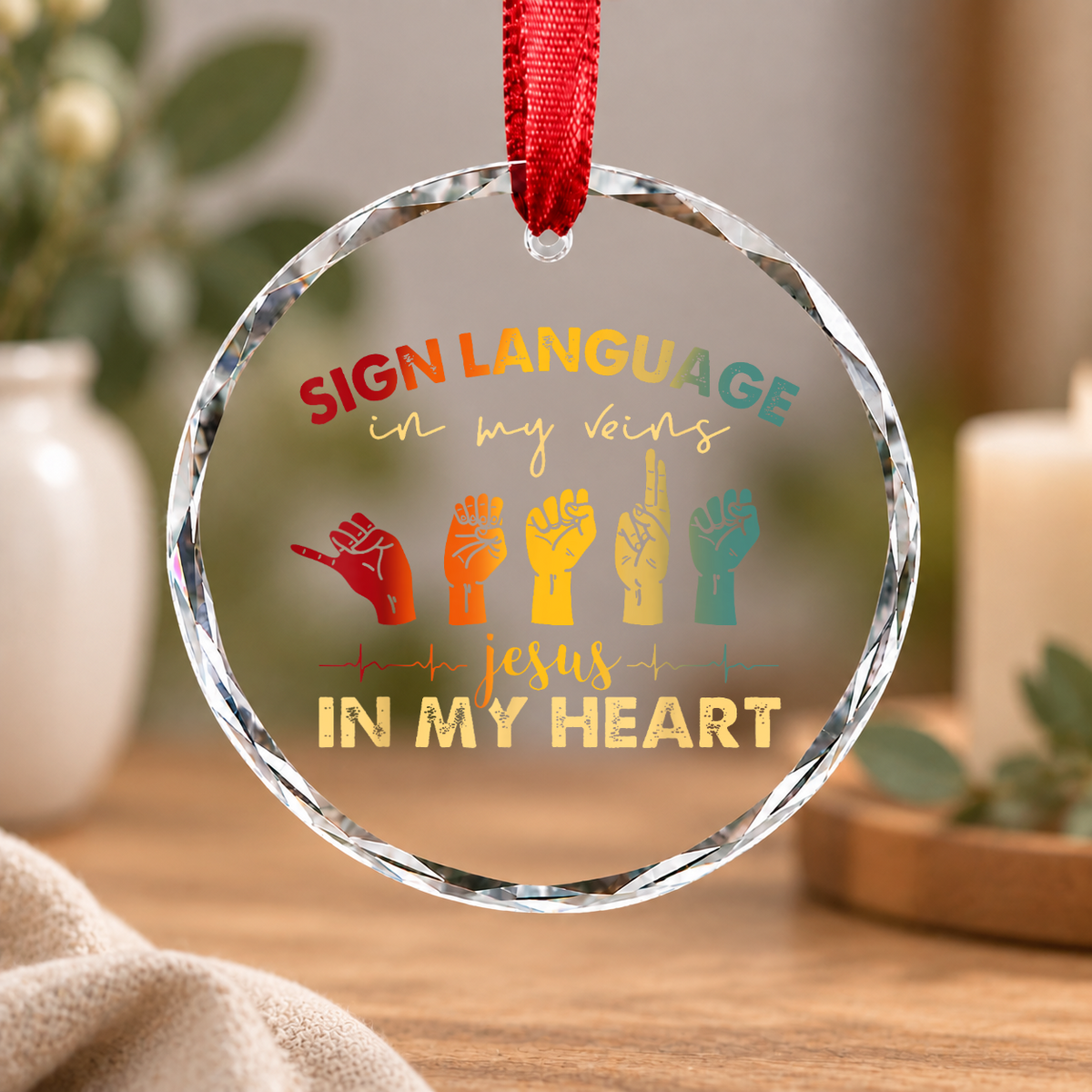 Jesus Sign Language Faith Glass Ornament - Material: Circle Glass Ornament