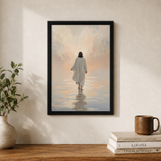 Jesus Walking On Water Christian Wall Art, Minimalist Bible Verse Poster - Format: Black Framed Poster
