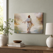 Jesus Walking On Water Wall Art, Vintage Christian Scripture Painting Poster - Format: Stretched Canvas