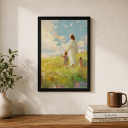Jesus Walking With Children Christian Wall Art, Bible Verse Faith Poster - Format: Black Framed Poster