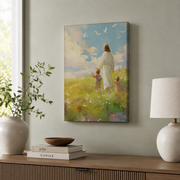Jesus Walking With Children Christian Wall Art, Bible Verse Faith Poster - Format: Stretched Canvas