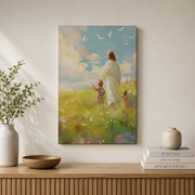 Jesus Walking With Children Christian Wall Art, Bible Verse Faith Poster - Format: Stretched Canvas