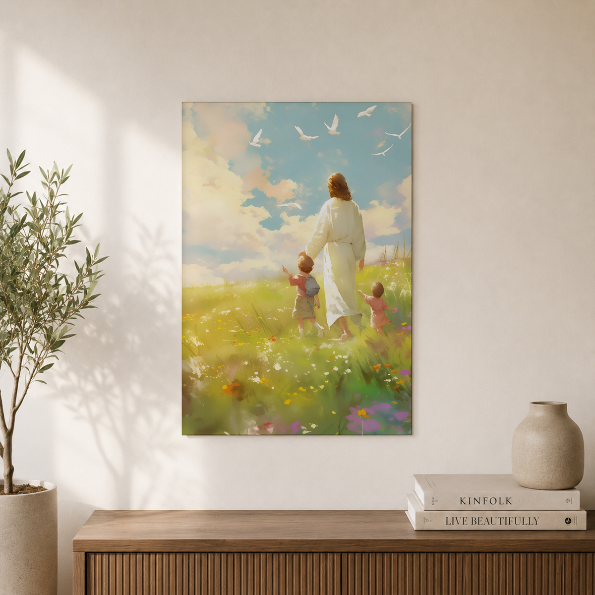Jesus Walking With Children Christian Wall Art, Bible Verse Faith Poster - Format: Unframed Paper Poster
