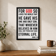 John 3:16 Bible Verse Poster Wall Art, Modern Wall Decor For Living Room Bedroom, 12x18 UNFRAMED - Format: Black Framed Poster
