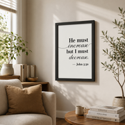 John 3:30 He Must Increase Bible Verse Wall Art, Christian Home Decor, Christian Wall Art, Bible Verse Poster Wall Art, Modern Wall Decor, 12x18 UNFRAMED - Format: Black Framed Poster