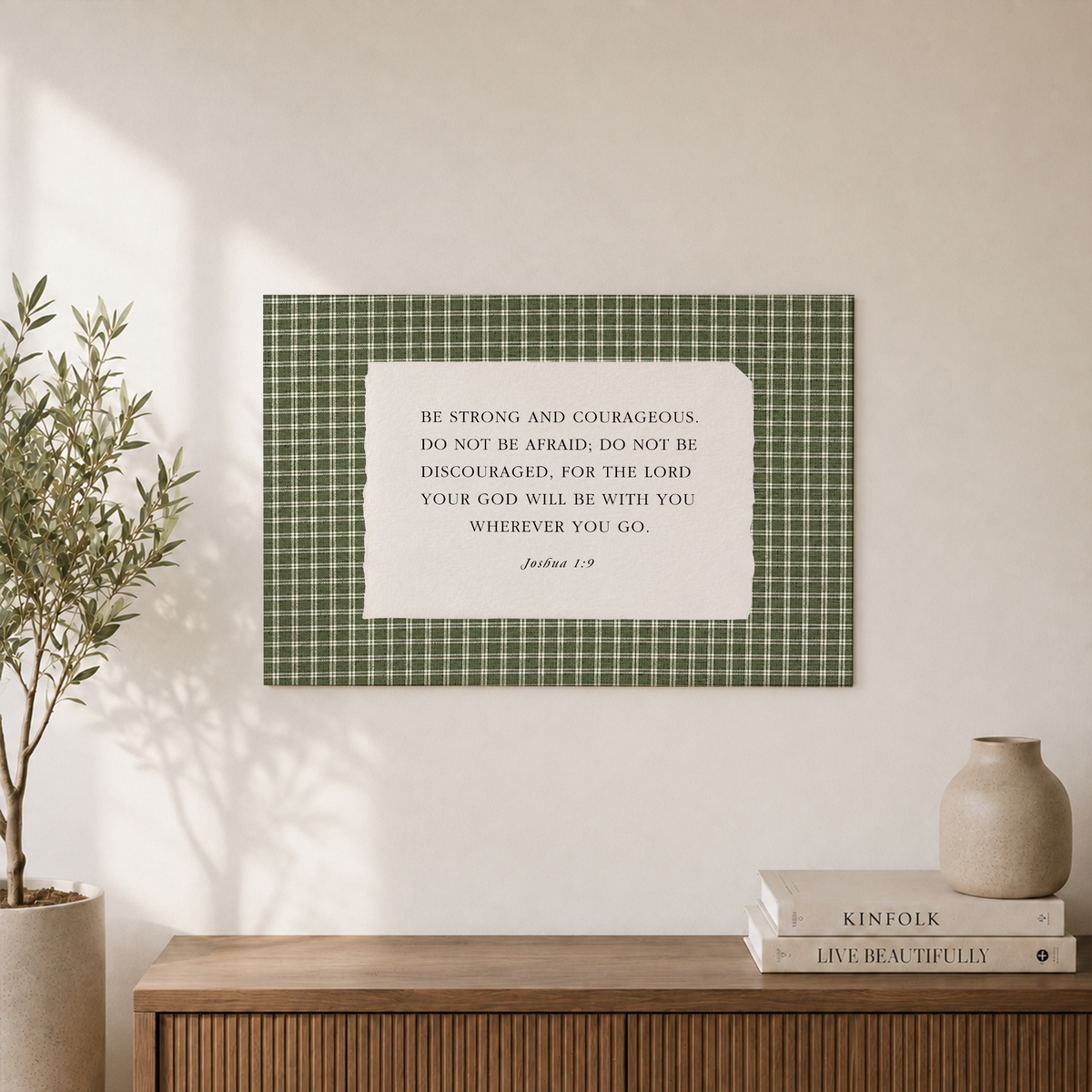 Joshua 1:9 Green Gingham Christian Wall Art, Courage Scripture Poster - Format: Unframed Paper Poster
