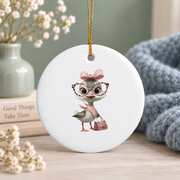 Kawaii Chick Bird Pink Leopard Glass Ornament - Material: Circle Ceramic Ornament