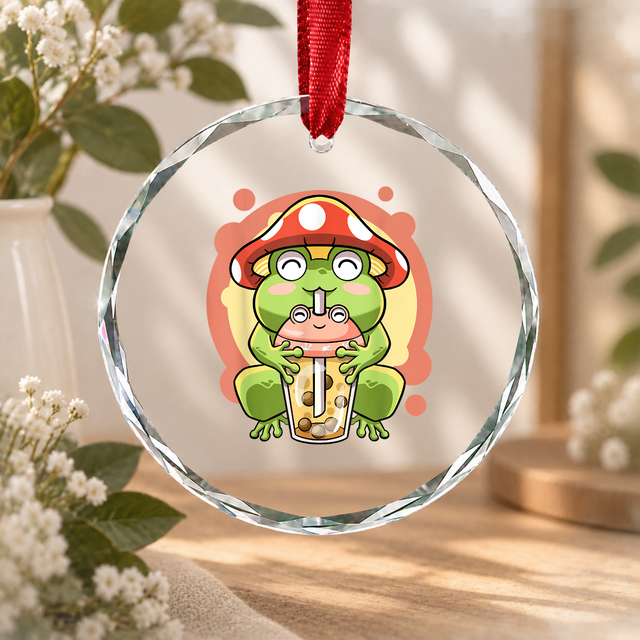 Kawaii Frog Boba Tea Mushroom Cottagecore Glass Ornament - Material: Circle Glass Ornament