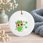 Kids Cat St Patrick's Day Celebration Glass Ornament - Material: Circle Ceramic Ornament