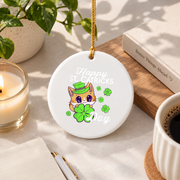 Kids Cat St Patrick's Day Celebration Glass Ornament - Material: Circle Ceramic Ornament