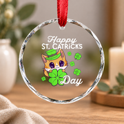 Kids Cat St Patrick's Day Celebration Glass Ornament - Material: Circle Glass Ornament