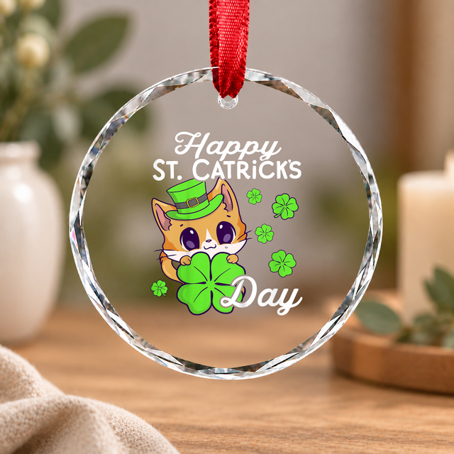 Kids Cat St Patrick's Day Celebration Glass Ornament - Material: Circle Glass Ornament