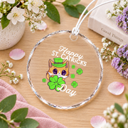 Kids Cat St Patrick's Day Celebration Glass Ornament - Material: Circle Glass Ornament
