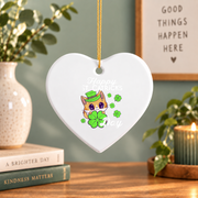 Kids Cat St Patrick's Day Celebration Glass Ornament - Material: Heart Ceramic Ornament
