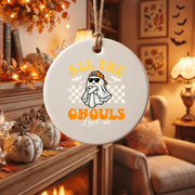 Kids Halloween Ghost Ornament with Cute Seasonal Theme Glass Ornament - Material: Circle Ceramic Ornament