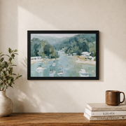 Lake Summer Boats Landscape Wall Art Coastal Nature Vacation Scenery Calm Water Poster Unframed - Format: Black Framed Poster